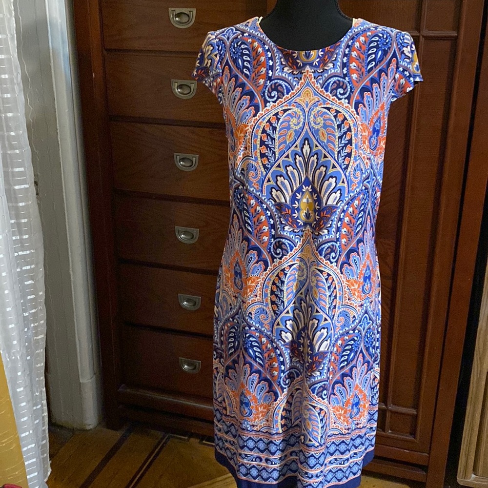 Blue paisley print cap sleeve dress